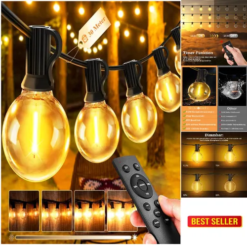 Lichterkette Außen LED 30M mit Fernbedienung - Wetterfeste 30m Lichterkette für Außenbereiche, dimmbar und mit 4 Beleuchtungsmodi. Ideal für Partys und romantische Abende, schafft eine gemütliche Atmosphäre im Garten oder auf der Terrasse.
