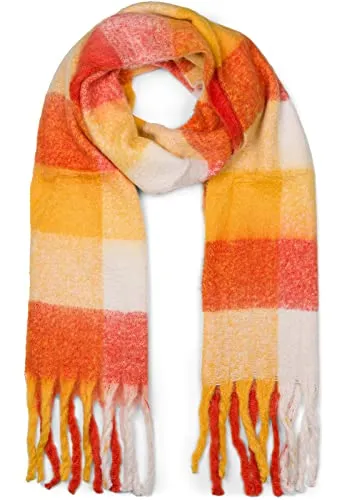 styleBREAKER Damen Web Strickschal mit buntem Karo Muster - Warmer Web Strickschal in Rot-Weiß-Curry mit langen Fransen. Ideal für kalte Tage und vielseitig einsetzbar als Stola. Perfekt kombinierbar mit deinem Look.
