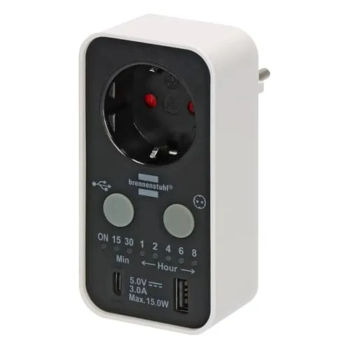 Brennenstuhl 1506180 Steckdosen-Timer digital 3000W IP20 - Digitaler Countdown Timer mit USB A und C, individuelle Zeiteinstellung bis 8 Stunden und erhöhtem Berührungsschutz