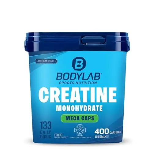 Bodylab24 Creatine Monohydrate Mega Caps 400 Kapseln - Aminosäure Kreatin mit 3600mg Kreatinmonohydrat pro Tagesdosierung. Ideal für mehr Energie und Kraft im Training, perfekt dosierbar in praktischer Kapselform.