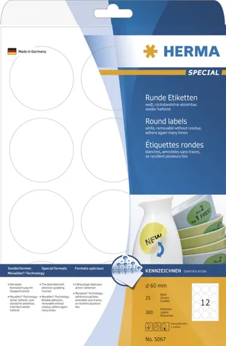 Herma 5067 rund ablösbar Universal-Etiketten 6.0x6.0 cm (25 Blatt (300 Etiketten))