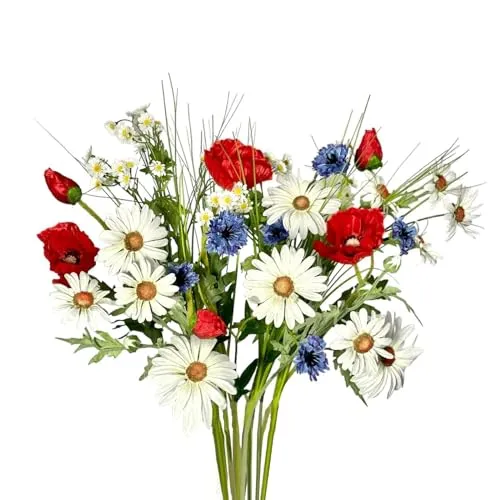 naninoa Künstlicher Wiesenblumenstrauß 60cm - Frühlings- & Sommerdeko - Seiden- & Kunstblumen: Genieße ganzjährig die Schönheit einer Wiese mit unserem pflegeleichten Strauß aus Kamille, Kornblume und Mohn – ideal für eine frische, lebendige Innenraumdekoration!