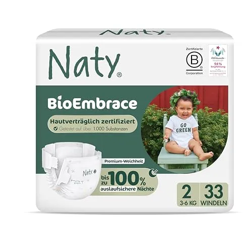 Naty BioEmbrace Baby Windeln für Neugeborene | Zertifiziert hautfreundlich | Bis zu 100% Auslaufschutz | Pflanzenbasiert & weicher Premium-Komfort | Chlorfrei | Größe 2 (3–6 kg), 33 Stück