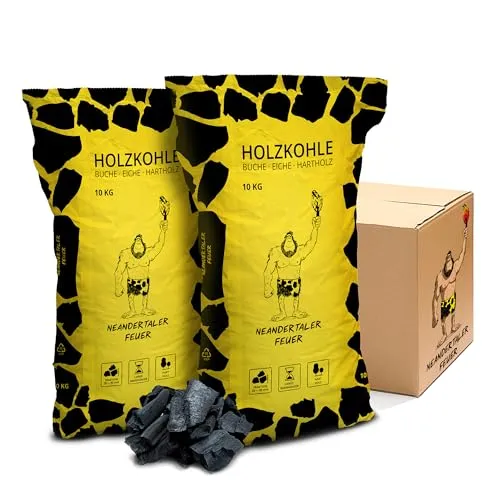 Neandertaler Feuer Holzkohle 20kg - Premium Buchenholzkohle für Grill und Smoker - Grillzubehör: Hochwertige Grillkohle aus Buchenholz mit langer Brenndauer und wenig Asche. Ideal für Steak und BBQ mit intensivem Aroma.
