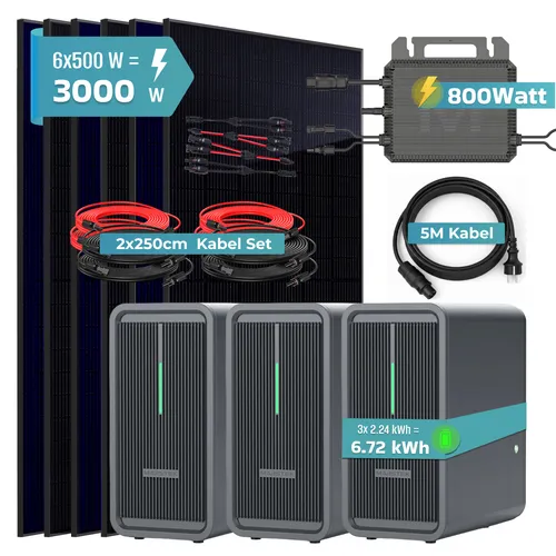 SUNNIVA Balkonkraftwerk 3000W mit 3 Marstek B2500-D - Effizientes Balkonkraftwerk mit 3.000 W Leistung, 3x Solarspeicher (6,72 kWh) und bifazialen 500 W Modulen. Ideal für Balkon, Dach oder Garten – maximiert Energieausbeute dank innovativer Technologie.