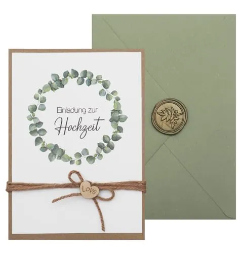 ZauberDeko Einladungskarte Hochzeit mit Briefumschlag Personalisiert Eukalyptus Olive Kraft