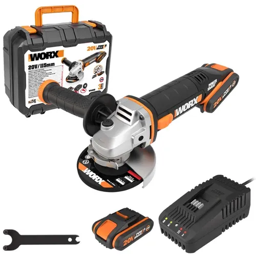 WORX WX800 Akku-Winkelschleifer 20V – kabellos schleifen und schneiden - Schleifmaschinen: Ergonomisches Design für optimalen Komfort, werkzeugloser Scheibenwechsel und inkl. 2 Akkus für maximale Flexibilität beim Arbeiten.