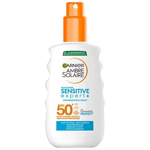 Garnier Ambre Solaire SENSITIVE EXPERT+ Sonnenpray, LSF 50+, 150 ml - Hochwertiges Sonnenpray für empfindliche Haut mit hohem Lichtschutzfaktor. Ideal für den ganzjährigen Schutz bei Sonnenexposition.