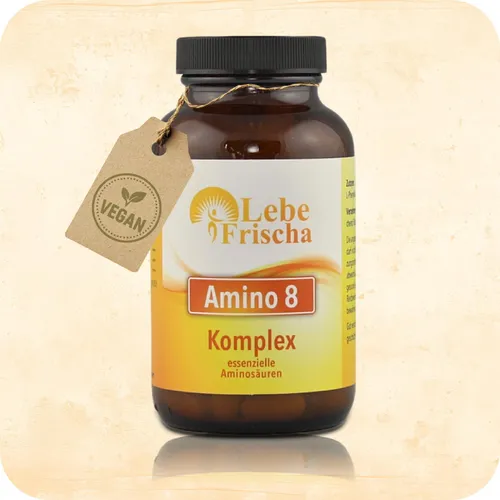 LebeFrischa Amino 8 Komplex – Hochdosierte essentielle Aminosäuren - Verzweigtkettige Aminosäuren (BCAA) mit über 50 % BCAA-Anteil, ideal für Muskelaufbau und Regeneration – 100 % vegan und ohne Zusatzstoffe, Made in Germany.