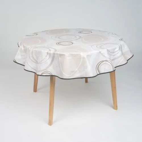 laro 140cm runde Wachstuch Tischdecke abwaschbar Wachstuchtischdecke mit Saum-Eingefasst-Paspelband, Muster:Kreiswogen Weiß Beige, Größe: Rund 140cm