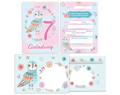 Junapack 12 Einladungskarten incl. 12 Umschläge zum 7. Kindergeburtstag Einladung zum siebten Geburtstag Mädchen Eule