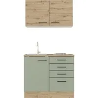 Flex-Well Exclusiv Miniküche Cara 100 cm - Schilfgrün matt - Küchenblock für Singles und Ferienwohnungen, mit flexibler Montage und viel Stauraum. Inklusive Edelstahl-Einbauspüle und 2-Platten-Kochfeld für effizientes Kochen.