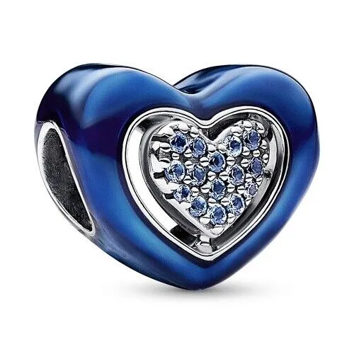 PANDORA Moments Blaues Drehbares Herz Charm - Bead Charm für Damen, aus Sterling Silber mit rotierender Scheibe und eingravierter Botschaft „My favourite PERSON“, ideal für individuelle Schmuckkreationen.