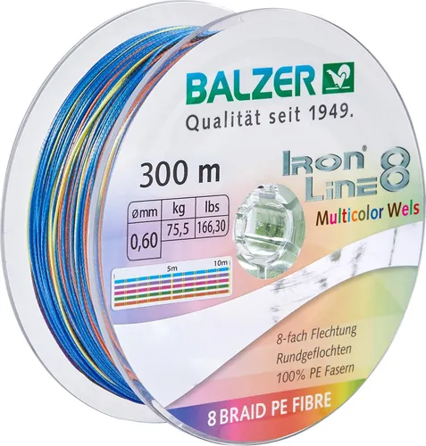 Balzer Ironline 8 Multicolor Wels Schnur - Angelschnur mit 300m Länge, 8-fach geflochten und farbwechselnd alle 10m, bietet hohe Tragkraft von 51.3kg für erfolgreiches Welsangeln.