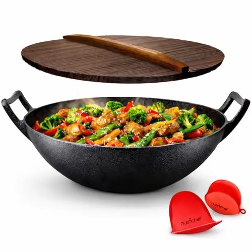 NutriChef Gusseisenpfanne 30 cm – Wokpfanne Induktion mit Deckel, Gusseiserne Pfanne für alle Herdarten Ofenfest, Unbeschichtet, Antihaftwirkung, Tiefe Pfanne mit Griffen