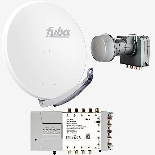Fuba Satellitenanlage 8 Teilnehmer - Komplettset DAA 850 W - Hochwertige Satellitenanlage für bis zu 8 Teilnehmer. Das Komplettset enthält eine 85 cm große Alu-Schüssel, Quattro LNB und Multischalter. Einfache Montage und hervorragende Empfangsqualität für alle aktuellen TV-Technologien.