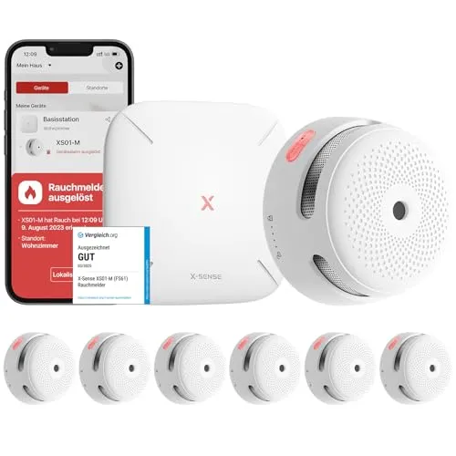 X-Sense Smart Rauchmelder XS01-M mit SBS50 Basisstation - TÜV-zertifizierter WLAN-Rauchmelder für intelligente Sicherheit. Erhalten Sie sofortige Warnmeldungen auf Ihrem Smartphone und schützen Sie Ihr Zuhause mit bis zu 50 vernetzbaren Geräten.