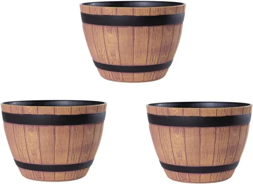 Jinfa Pflanzkübel aus Kunststoff Miniteich Weinfassoptik Blumenöpfe, 1, 3, 6 Stück (3 St), Walnuss - Ø38cm