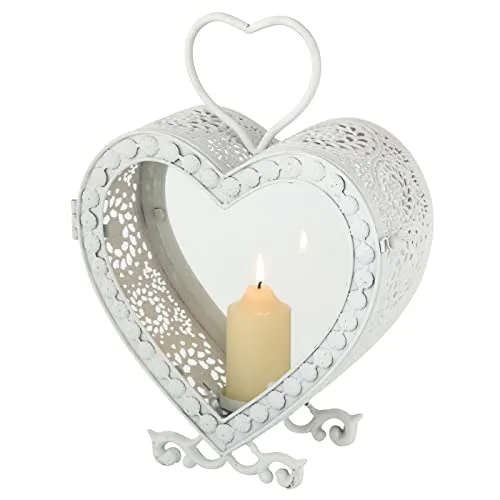 Laterne Herz weiß Windlicht zum Aufhängen Windlicht mit Ornamente Gartendeko Metall Hochzeit Taufe Geburtstag