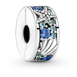 Pandora 791678C01 Silber Clip Tropischer Seestern & Muschel - Charm aus poliertem 925 Sterlingsilber, verziert mit hellgrünen und blauen Kristallen, ideal als Stoppelement für Armbänder und bringt einen Hauch von tropischem Flair.