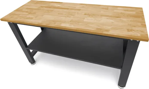 HBM 160 cm Professionelle Werkbank mit Massivholz-Arbeitsplatte - Werkstatteinrichtung mit verstellbaren Beinen für ergonomisches Arbeiten. Die robuste Massivholz-Arbeitsplatte ist ideal für schwere Werkstücke und Werkzeuge.