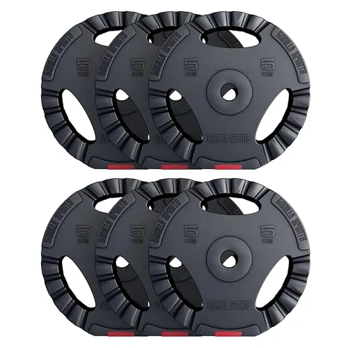 GORILLA SPORTS Hantelscheiben Set, Kunststoff Gewichtsscheiben - Hantelscheiben für Krafttraining mit ergonomischem Tri-Grip, ideal für Sportneulinge. Verfügbar von 1,25 kg bis 30 kg, bodenschonend und vielseitig einsetzbar.