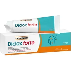 Diclox forte - Schmerzgel mit 2 % Diclofenac von ratiopharm - Arzneimittel zur schnellen Linderung akuter Bewegungsschmerzen. Mit doppelter Diclofenac-Konzentration, ideal für Gelenkschmerzen und Entzündungen, wirkt effektiv und hinterlässt kaum Rückstände.
