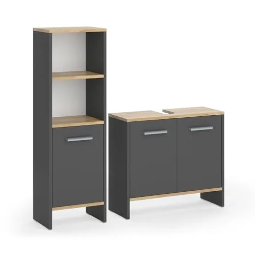 Vicco Badmöbel-Set Karli, Anthrazit/Goldkraft Eiche, 2-teilig - Stylisches Badezimmermöbel-Set "Karli" mit praktischem Waschbeckenunterschrank und Hochschrank für optimalen Stauraum. Ideal, um Ihr Badezimmer modern und funktional zu gestalten.