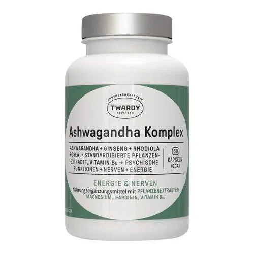 Twardy Ashwagandha Komplex Kapseln - Arzneimittel zur natürlichen Stressbewältigung mit 300 mg Ashwagandha, Ginseng und Rhodiola rosea für mehr innere Balance und Ruhe im hektischen Alltag.
