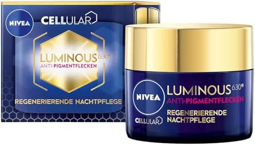 NIVEA Nachtcreme Luminous Anti Pigmentflecken, 50 ml - Anti-Faltencreme mit Glykolsäure und Hyaluronsäure, ideal für alle Hauttypen. Regeneriert die Haut über Nacht und reduziert Altersflecken für ein strahlendes Hautbild.