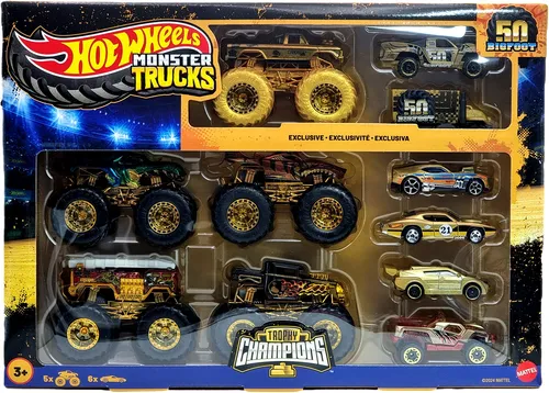 Hot Wheels Monster Trucks Trophy Champions Collection - Lastwagen für Kinder, inklusive exklusivem goldfarbenem Bigfoot und 5 weiteren Trucks, ideal für Sammler und Fans des 50. Jubiläums.