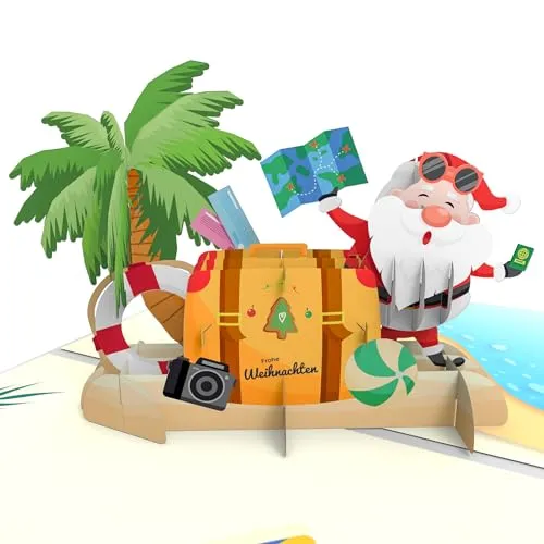 LIMAH® Pop-Up Karte Weihnachten Nikolaus im Urlaub - lustige 3D Weihnachtskarte mit Santa am Strand - Geldgeschenk und Reisegutschein für Winterurlaub mit Umschlag