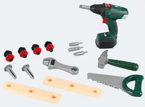 Theo Klein Bosch Tool Box mit Akkuschrauber 8520 - Robuste Werkzeug-Box im Bosch Design, mit realistischem Bohrgeräusch und umfangreichem Zubehör für kreative Bauprojekte