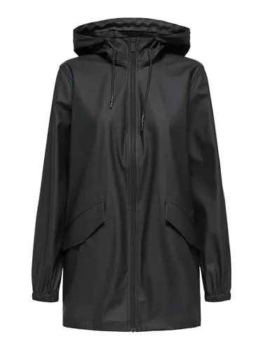 JdY Damen Jdymulan Raincoat OTW Sij, Schwarz, Größe L - Stylischer Regenmantel mit Kapuze und Kordelzug für optimalen Tragekomfort an regnerischen Tagen.