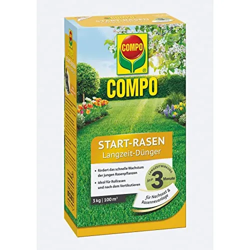 COMPO Start-Rasen Langzeit-Dünger 3kg - Effektiver Dünger für schnelles Anwachsen, ideal für Rollrasen und Bodenvorbereitung
