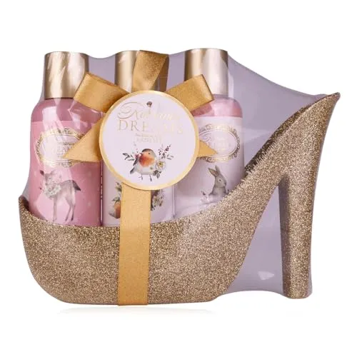 Accentra Geschenkset ROMANTIC DREAMS für Frauen, Bade Wellness Pflegeset im High Heel Glitterpumps Design in Rosa Gold, Tea Rose & Velvet Duft, 100 ml Duschgel, 100 ml Bodylotion, 130 g Badesalz