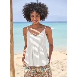 Shirttop HEINE, Damen, Gr. 50, beige (ecru), 95% Viskose, 5% Elasthan, unifarben, V-Ausschnitt, ohne Ärmel, Tops