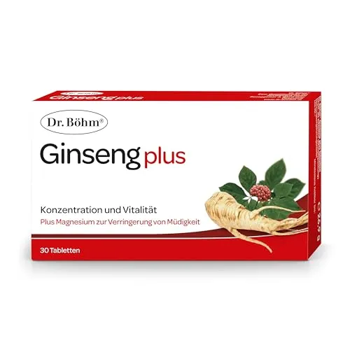 Dr. Böhm Ginseng plus: Für Konzentration & Vitalität, gegen Müdigkeit, mit Ginseng, Magnesium, Vitaminen & Koffein, 30 Tabletten