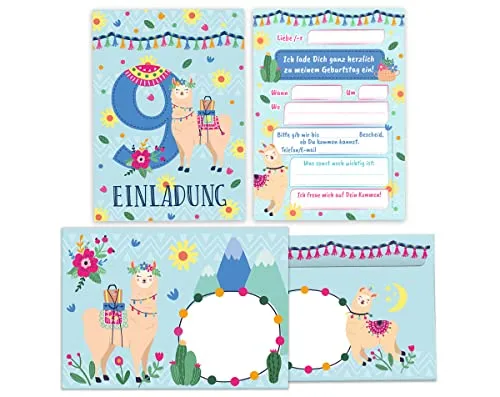 Junapack 12 Einladungskarten incl. 12 Umschläge zum 9. Kindergeburtstag Einladung zum neunten Geburtstag Mädchen Lama