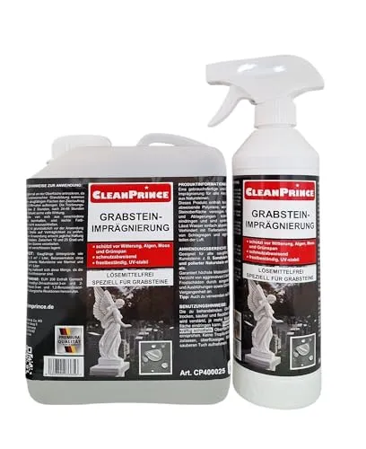 CleanPrince Grabstein-Imprägnierung - Effektiver Schutz für Natursteine - Hochwertige Imprägnierung für Grabsteine aus Granit und Marmor. Schützt zuverlässig vor Neuverschmutzung und bewahrt die natürliche Schönheit des Steins. Ideal für den professionellen Einsatz.