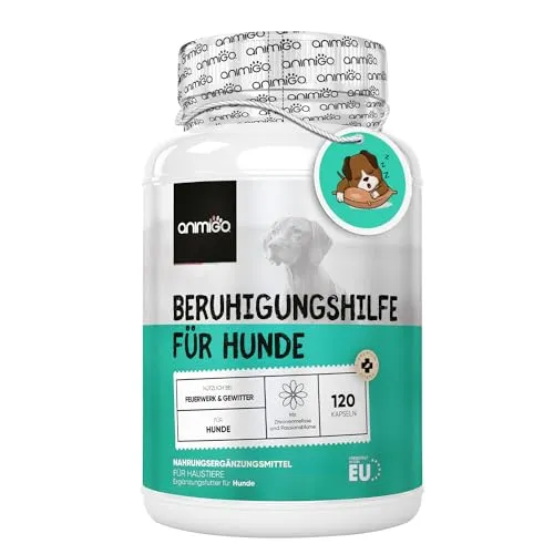 Beruhigungsmittel für Hunde - 120 Entspannung Kapseln mit Taurin, Ashwagandha, Passionsblume & Vitamin B1 - Alternative zu Schlaftabletten bei Angst, Stress, Nervosität - Hohe Akzeptanz - animigo
