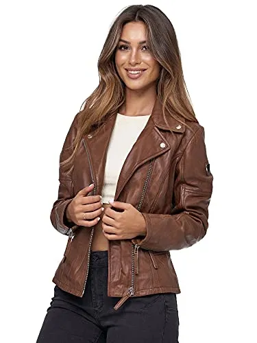 Tazzio Lederjacke moderne & zeitlose Damen Jacke im Biker Look mit Reverskragen F501 (M, Braun)