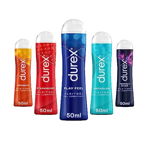 Durex Play Gleitgel Ausprobierpaket – 5 verschiedene Gleitgele für jedes Erlebnis - Gleitmittel: Set mit 5 x 50 ml auf Wasser- und Silikonbasis, ideal für aufregende Abwechslung. Klebt nicht, verursacht keine Flecken und ist kondomgeeignet.