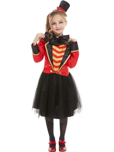 Smiffys Zirkusdirektor-Kostüm - Rot, Deluxe Jackett mit Hemd, Rock und Stirnband für Kinder 4-6 Jahre, sicher und geprüft nach EN71