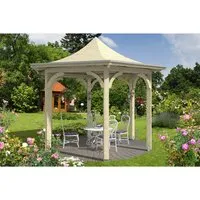 Pavillon SKAN HOLZ Versailles Ø 418 cm - Eleganter 6-eckiger Pavillon aus natürlichem Holz, ideal für Gartenpartys und entspannte Stunden im Freien. Mit stabilen Aufschraubstützen für sicheren Halt.