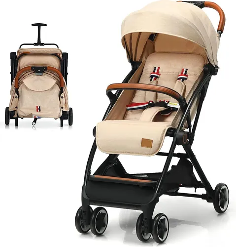 COSTWAY Einhand faltbarer Kinderwagen mit verstellbarer Rückenlehne (Beige) - Praktischer Kinderbuggy für Babys bis 3 Jahre, einhändig faltbar mit Traggriff. Verstellbare Rückenlehne und Fußstütze für optimalen Komfort, sicherer 5-Punkt-Gurt und großer Aufbewahrungskorb.