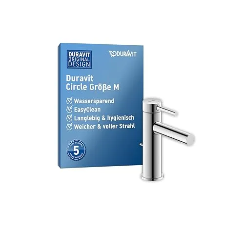 Duravit Circle Waschtischarmatur, Größe M (Auslauf Höhe 112 mm), wassersparende Waschbecken Armatur (MinusFlow), Wasserhahn Bad mit Zugstangen-Ablaufgarnitur, Chrom