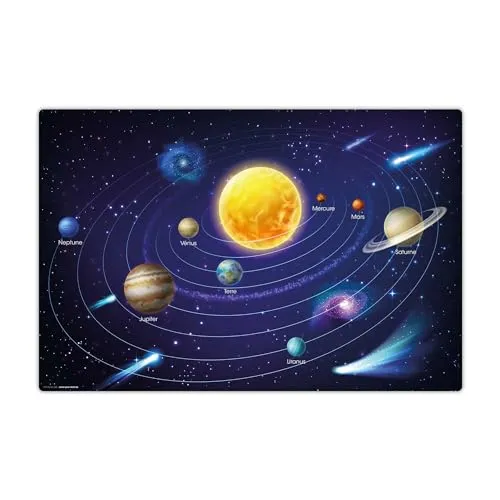 Schreibtischunterlage abwischbar für Kinder – Unser Sonnensystem in blau auf französisch – 60 x 40 cm – aus hochwertigem Vinyl
