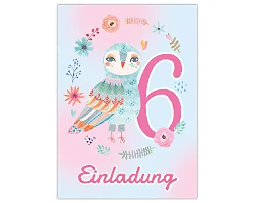 Junapack 12 Einladungskarten zum 6. Kindergeburtstag Einladung zum sechsten Geburtstag Mädchen Eule