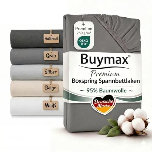 Buymax Boxspringbett Spannbettlaken 180x200 bis 200x220 cm Grau – Premium Jersey 250 g/m² - PERFEKTER SITZ FÜR DOPPELBETTEN: Ideal für Matratzen bis 35 cm Höhe. Das elastische Rundumgummi sorgt für einen faltenfreien, rutschfesten Sitz. Hochwertige Jersey-Qualität aus 95% Baumwolle garantiert ein angenehmes Schlafgefühl.